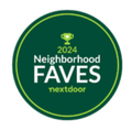 Green circular Nextdoor badge reading “2024 Neighborhood FAVES” with a trophy icon