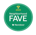 Green circular badge reading “2025 Neighborhood FAVE” with Nextdoor logo and trophy icon