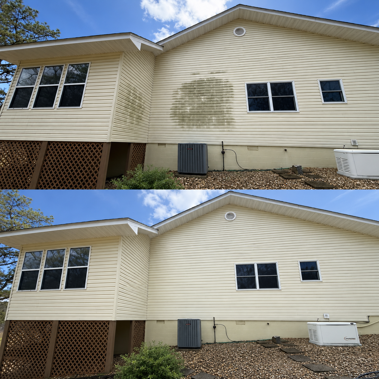 Before-and-after view of a house exterior with wavy siding, showing pressure washing cleaning marks