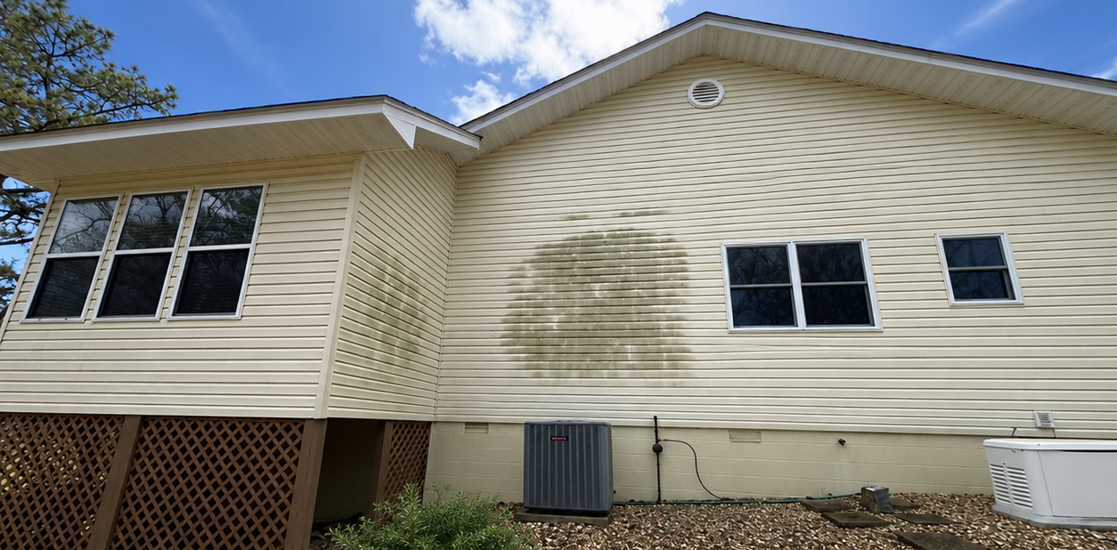 Exterior of beige house with dark smoke stains near two windows and a vent