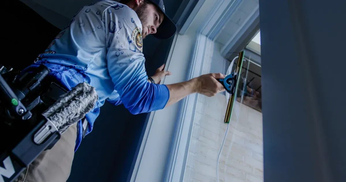 Technician installing window blinds with a drill inside a home