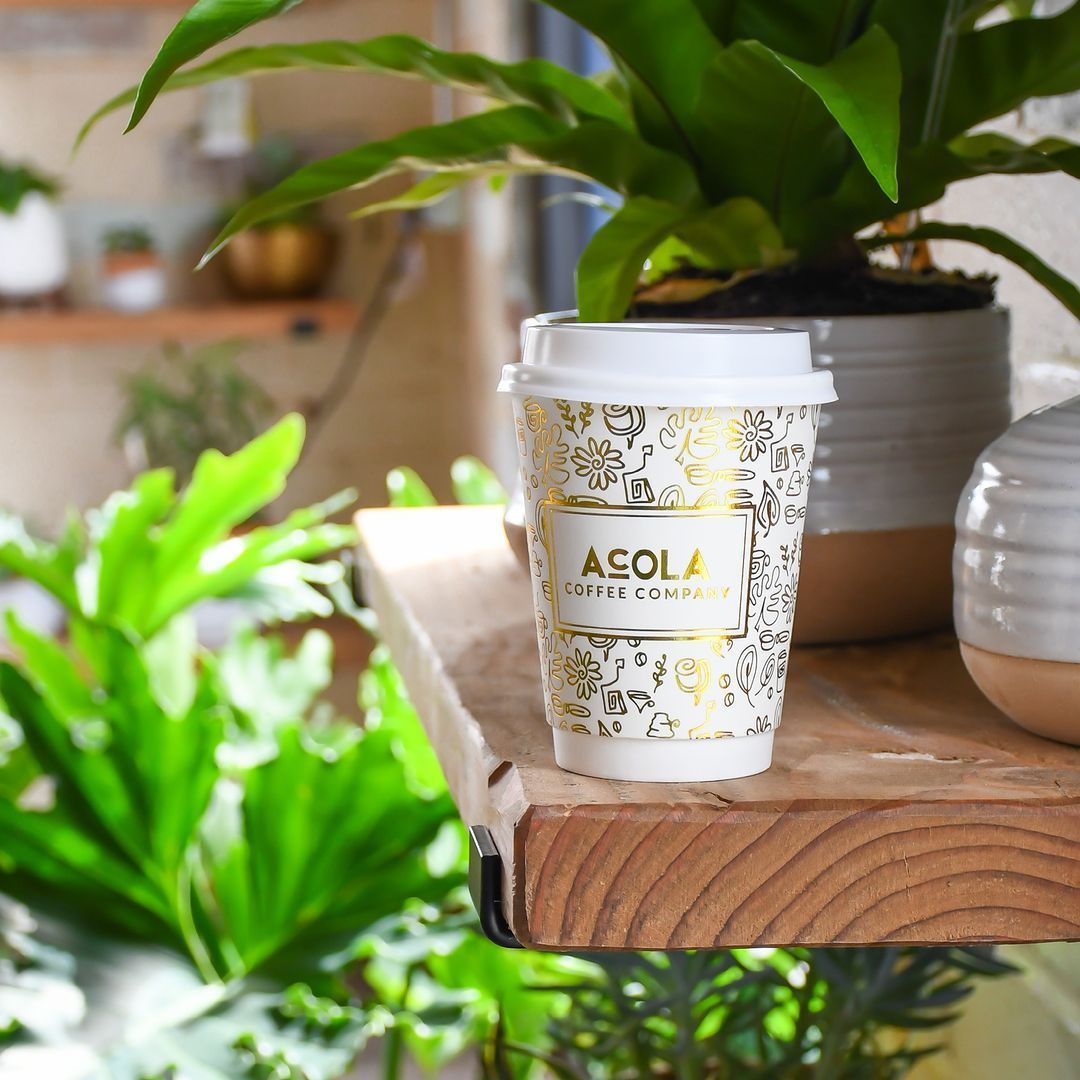 Acola Coffee Company branded to-go cup with lid Columbia MO