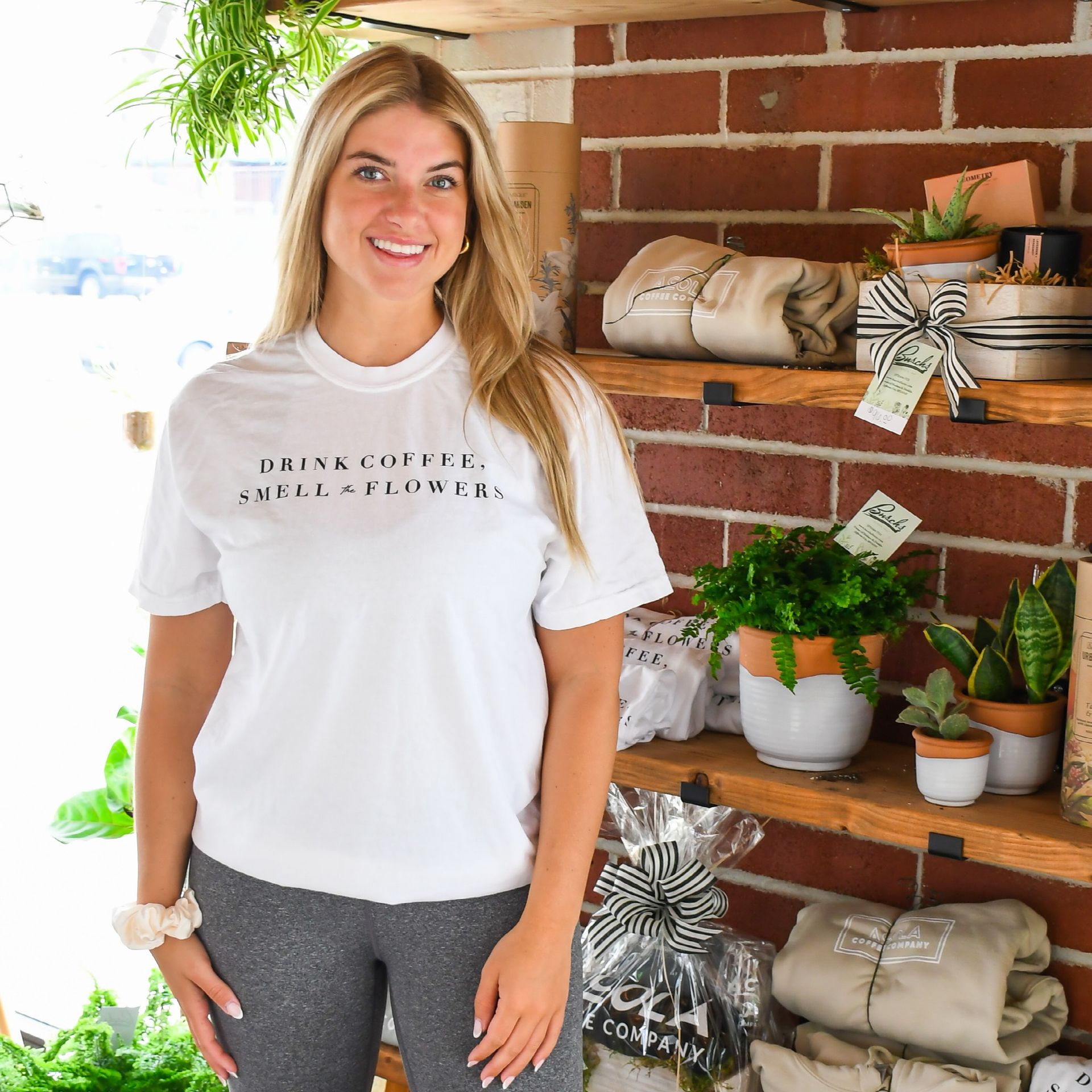 Drink Coffee and Smell the Flowers long sleeve shirt from Acola Coffee Company Columbia MO
