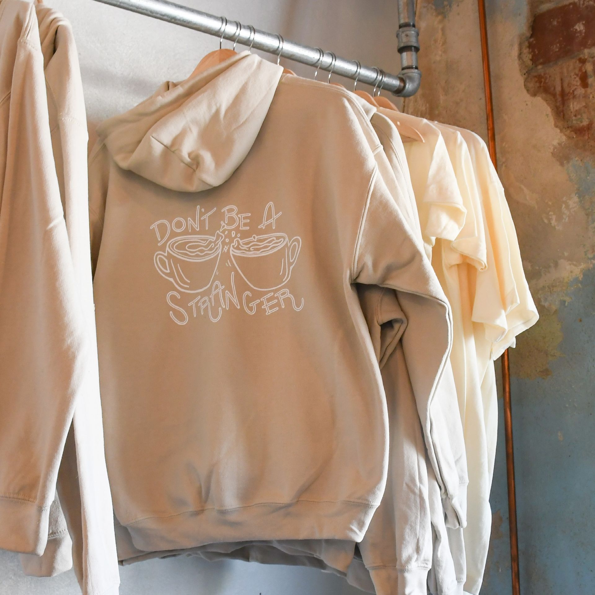 Dont Be a Stranger tan hoodie from Acola Coffee Company Columbia MO