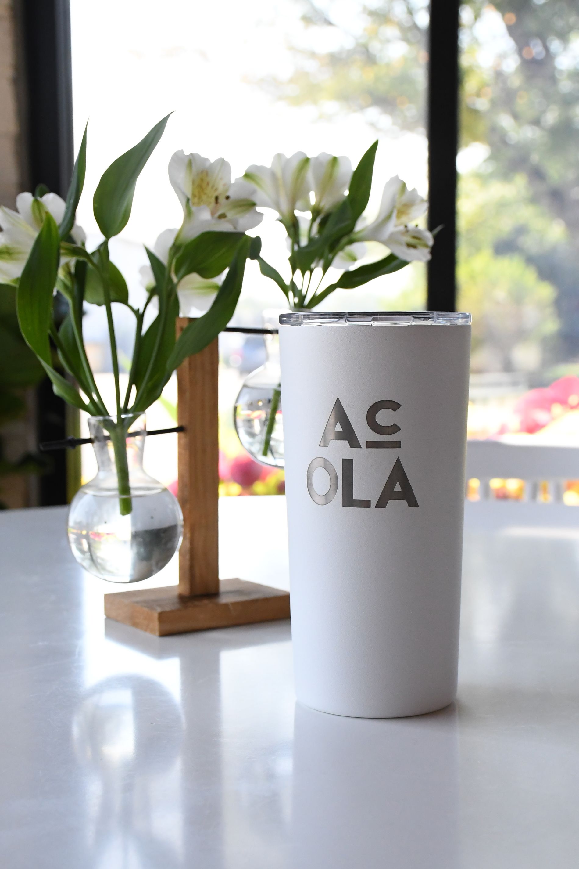 White Acola Coffee Company travel mug Columbia MO