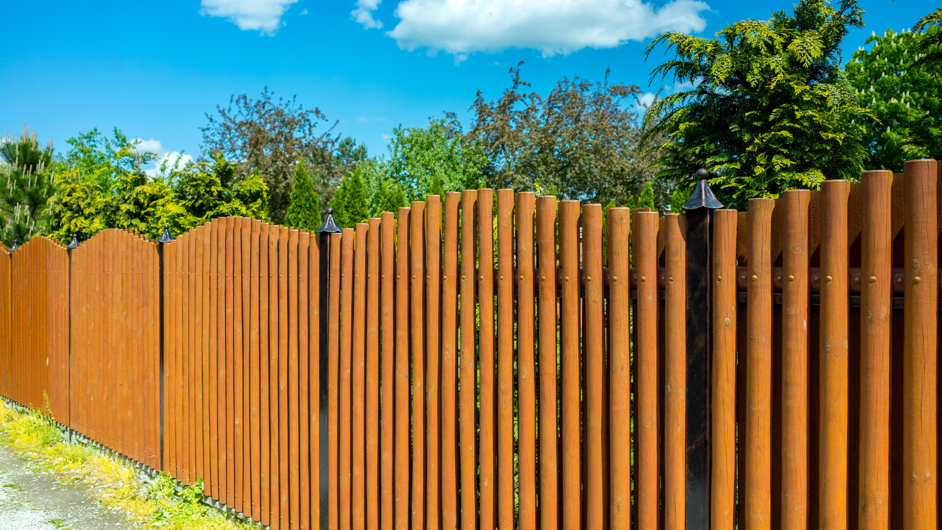 A wooden fence is surrounded by trees on a sunny day.