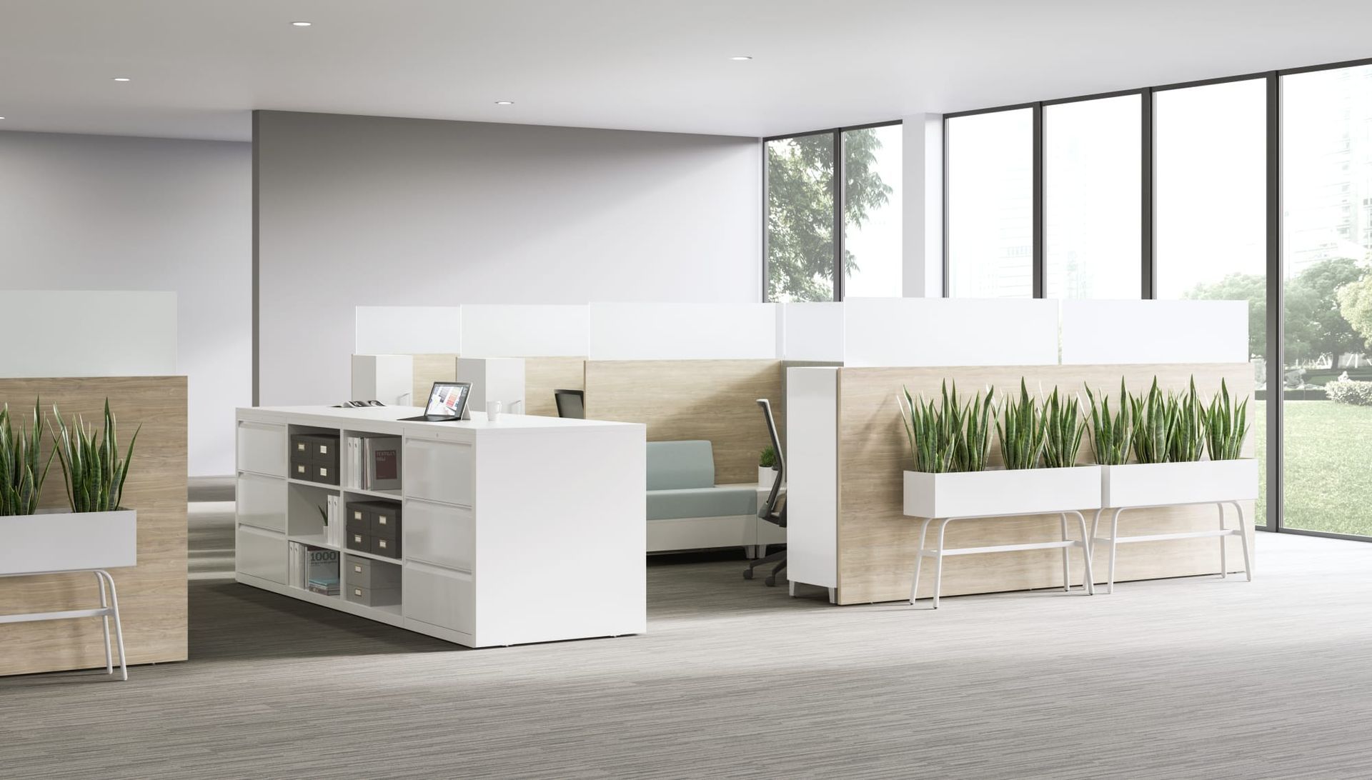 A large room with a lot of windows and plants in the corner.