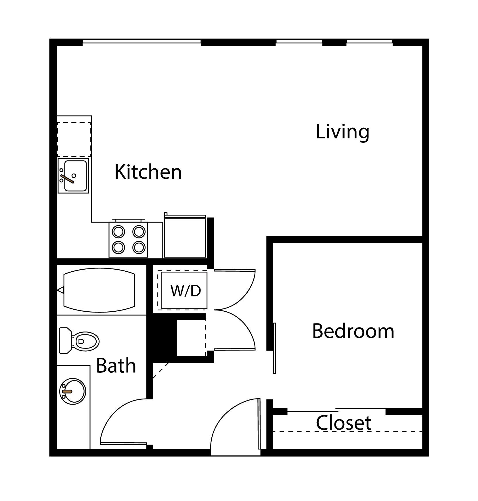 Black-and-white apartment floor plan labeled kitchen, living, bedroom, bath, closet, and W/D.
