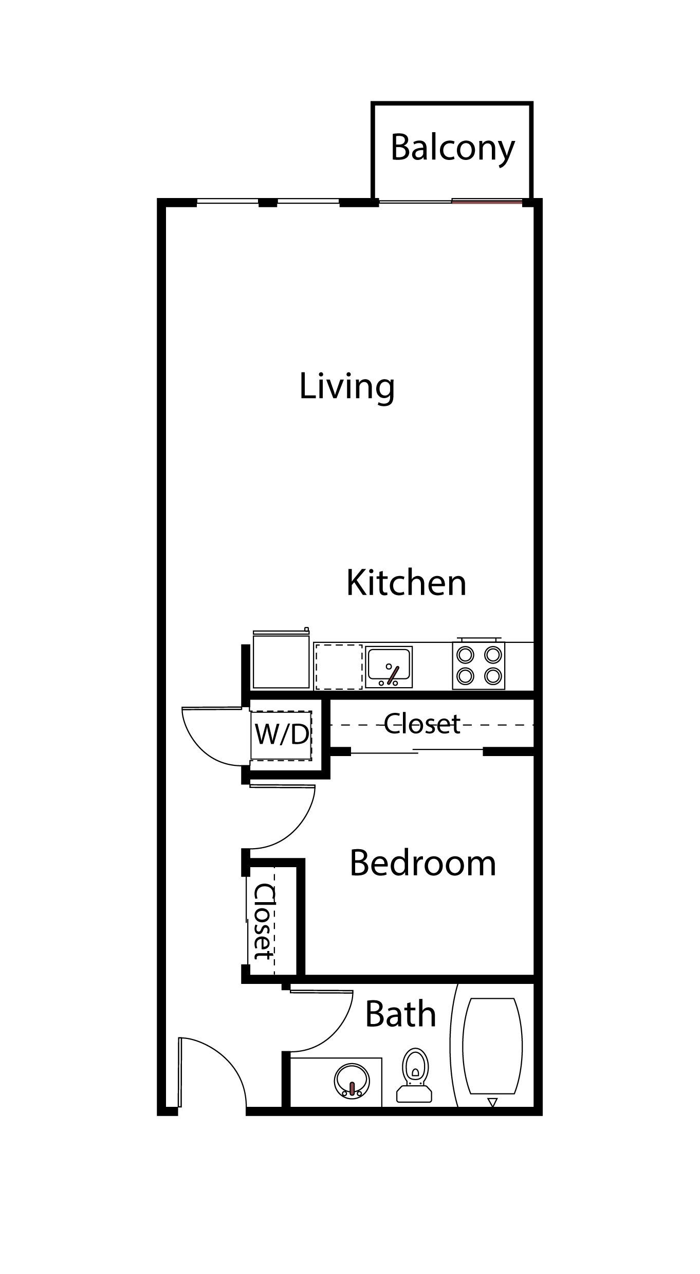 Simple apartment floor plan showing living, kitchen, bedroom, bath, and balcony.