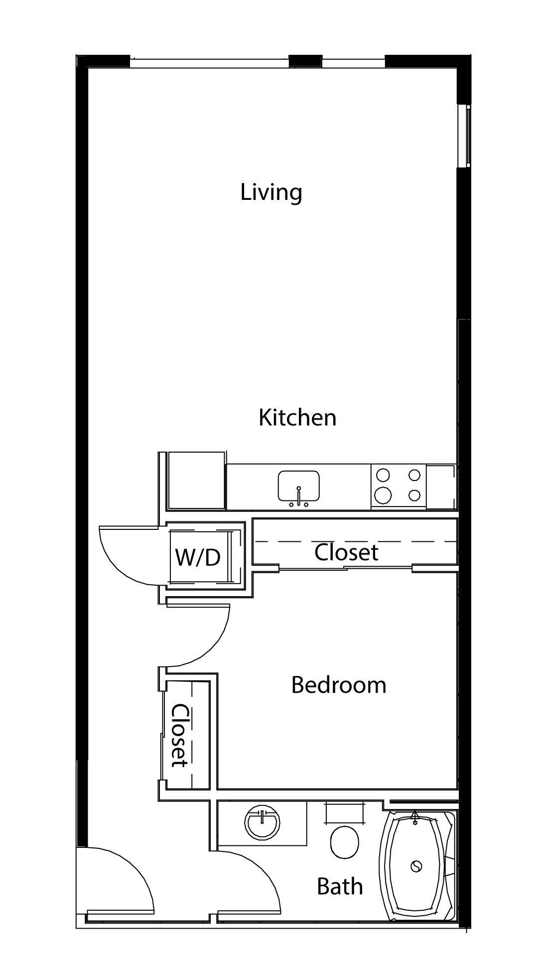 Black-and-white apartment floor plan with living room, kitchen, bedroom, bath, closet, and W/D.