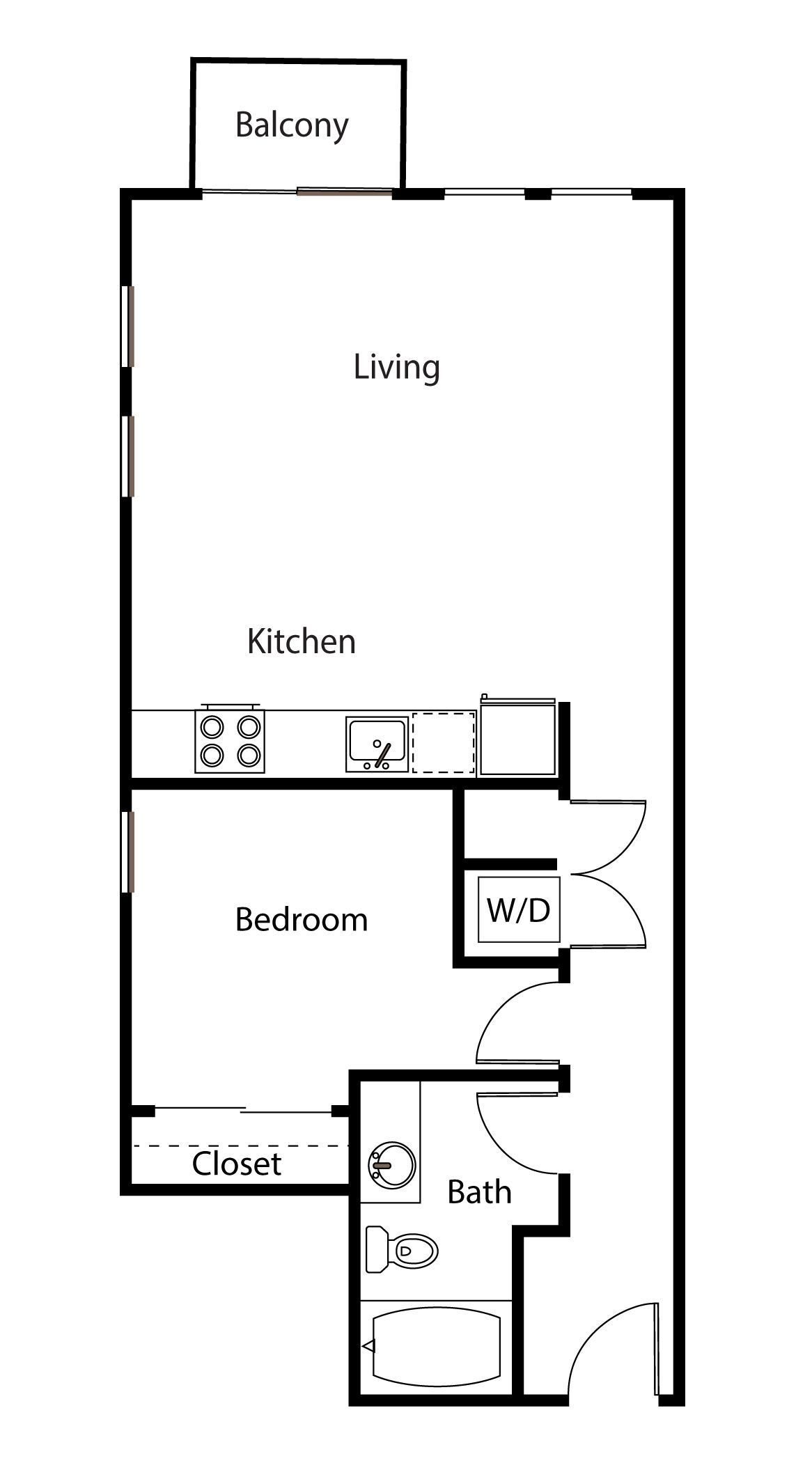 Black-and-white apartment floor plan with living room, kitchen, bedroom, and bathroom.