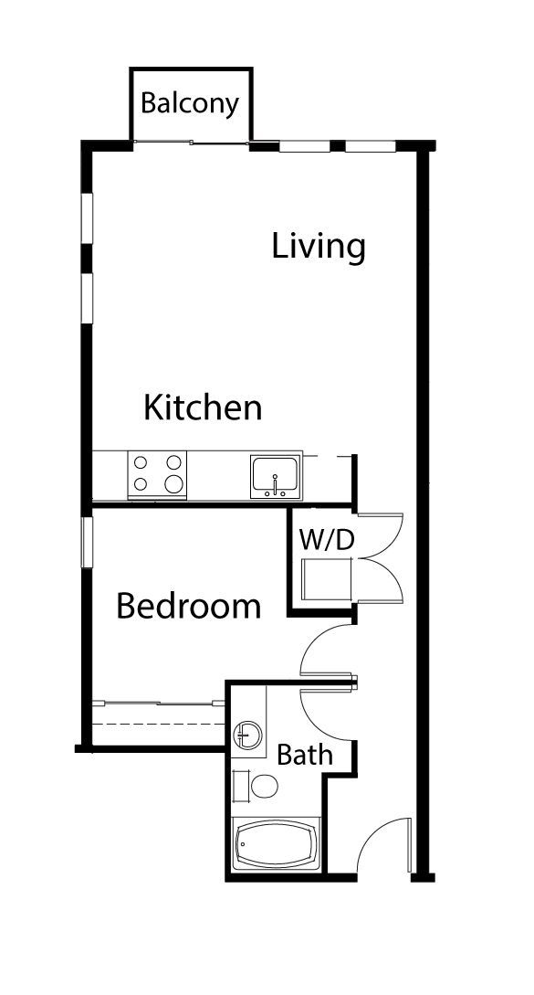 Black-and-white apartment floor plan with balcony, living room, kitchen, bedroom, bath, and W/D area