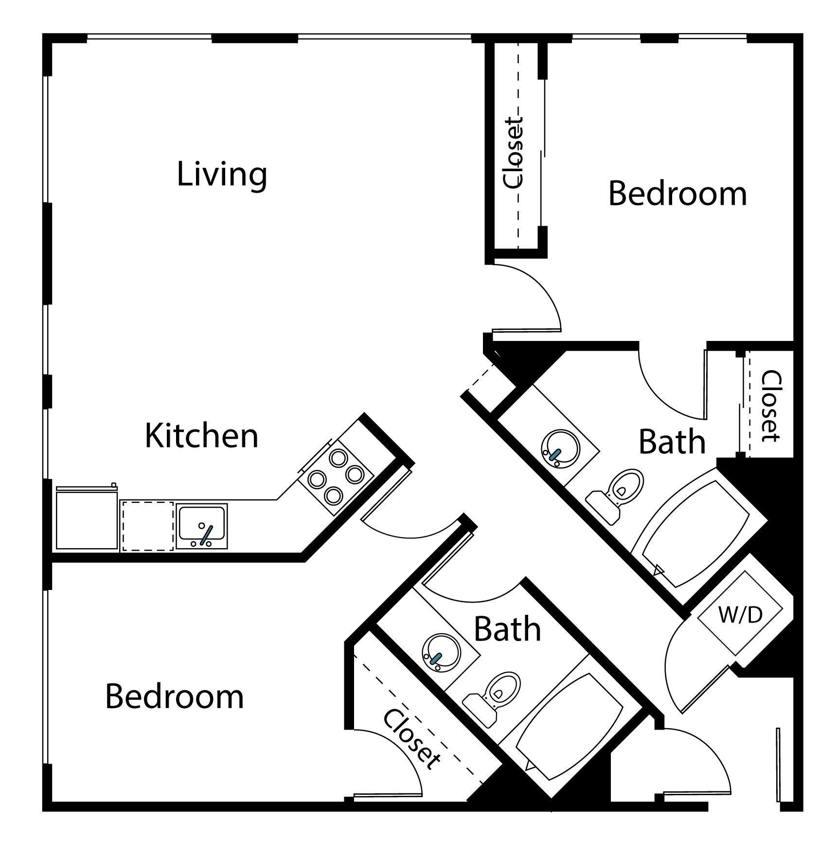 Black-and-white apartment floor plan with living room, kitchen, two bedrooms, and two baths.
