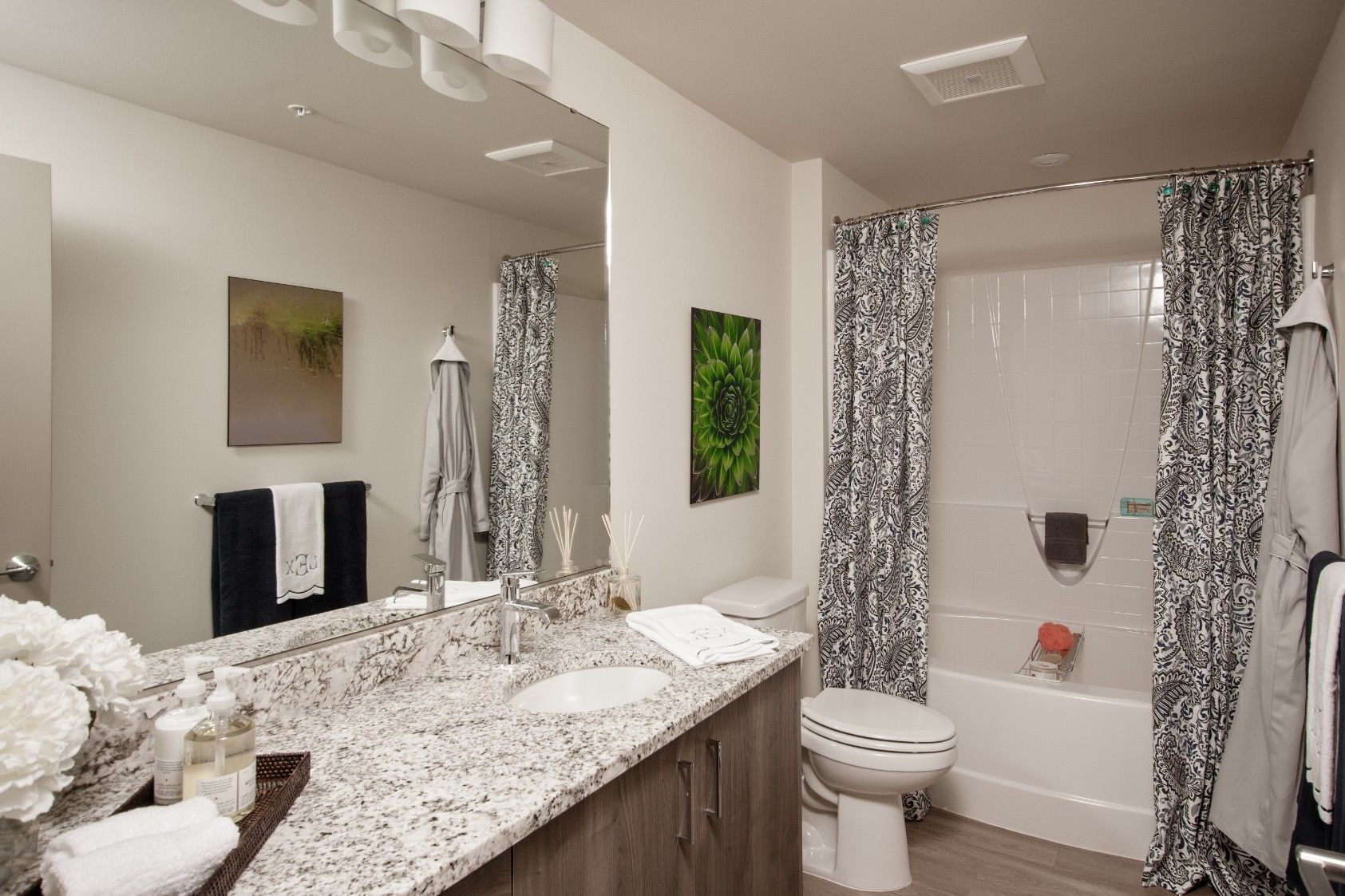 Bright bathroom with granite vanity, white toilet and shower, and patterned gray curtains.