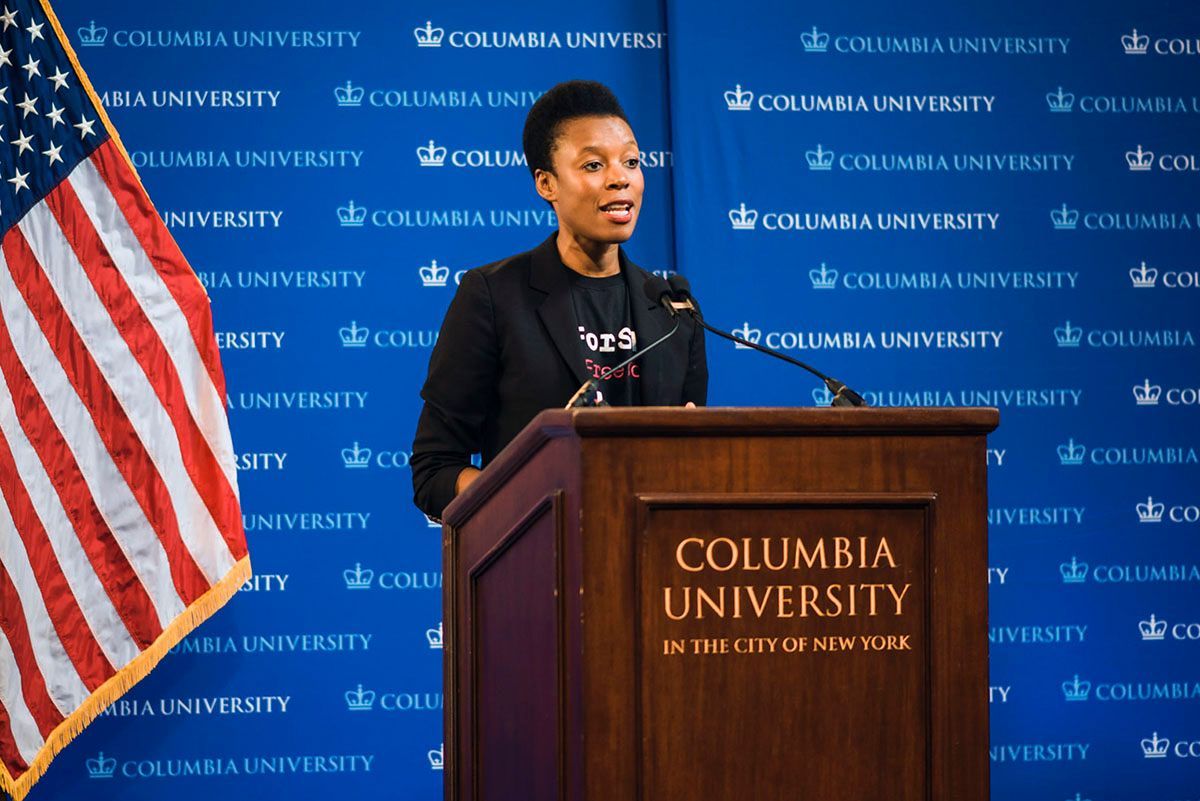 Elizabeth Nyamayaro speaking at Columbia University