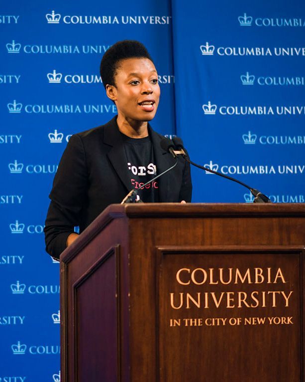 Elizabeth Nyamayaro speaking at Columbia University