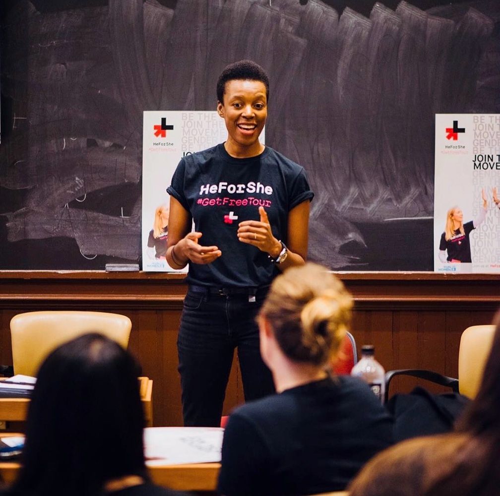 Elizabeth Nyamayaro speaking to students
