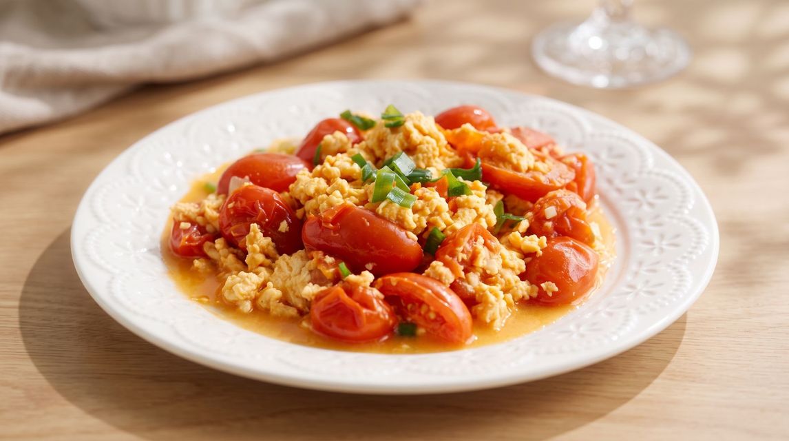 Plate of rice topped with tomato-based sauce and herbs on a wooden table