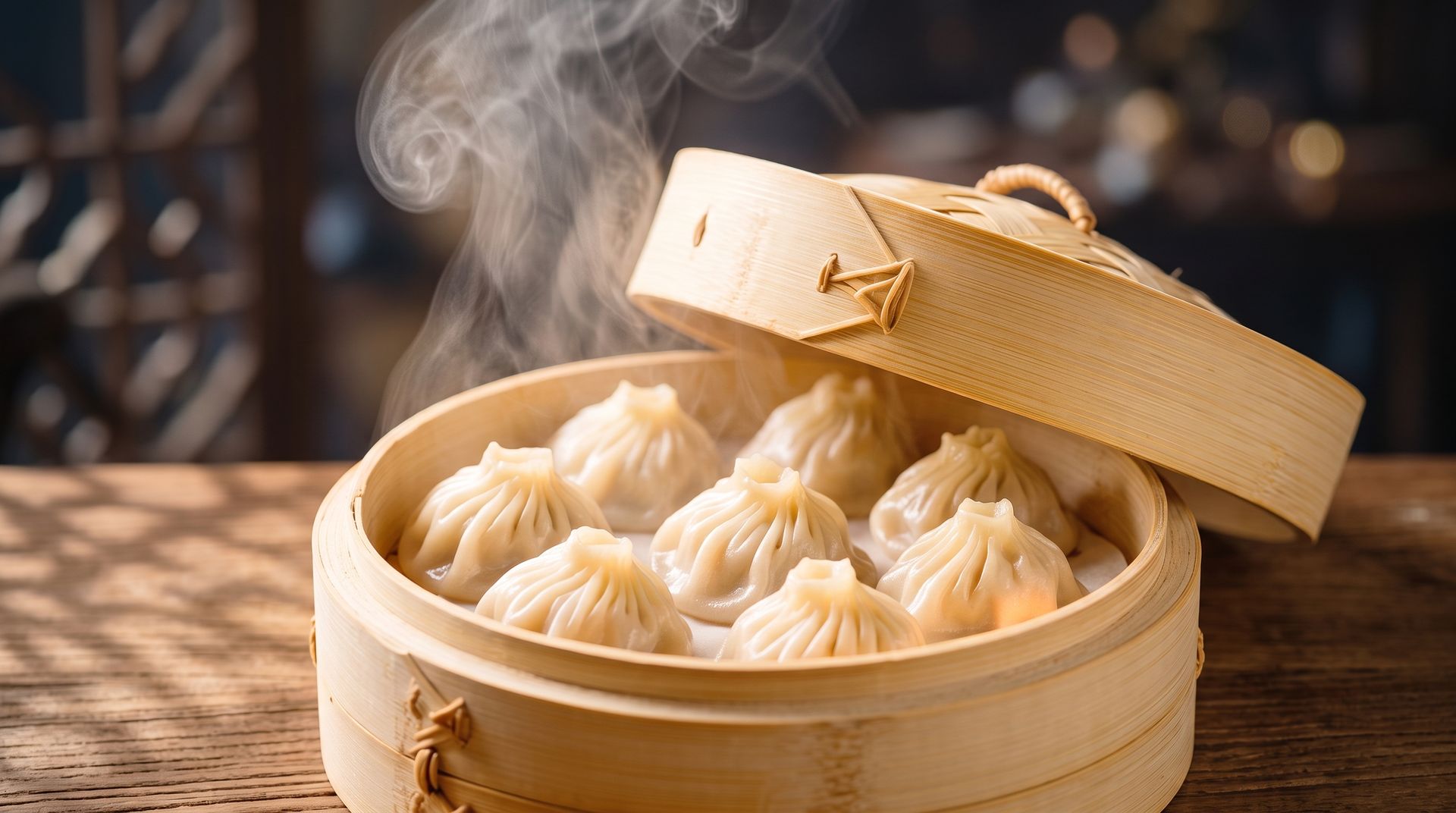 Bamboo steamer basket of steaming dumplings on a wooden table, lid partly open.