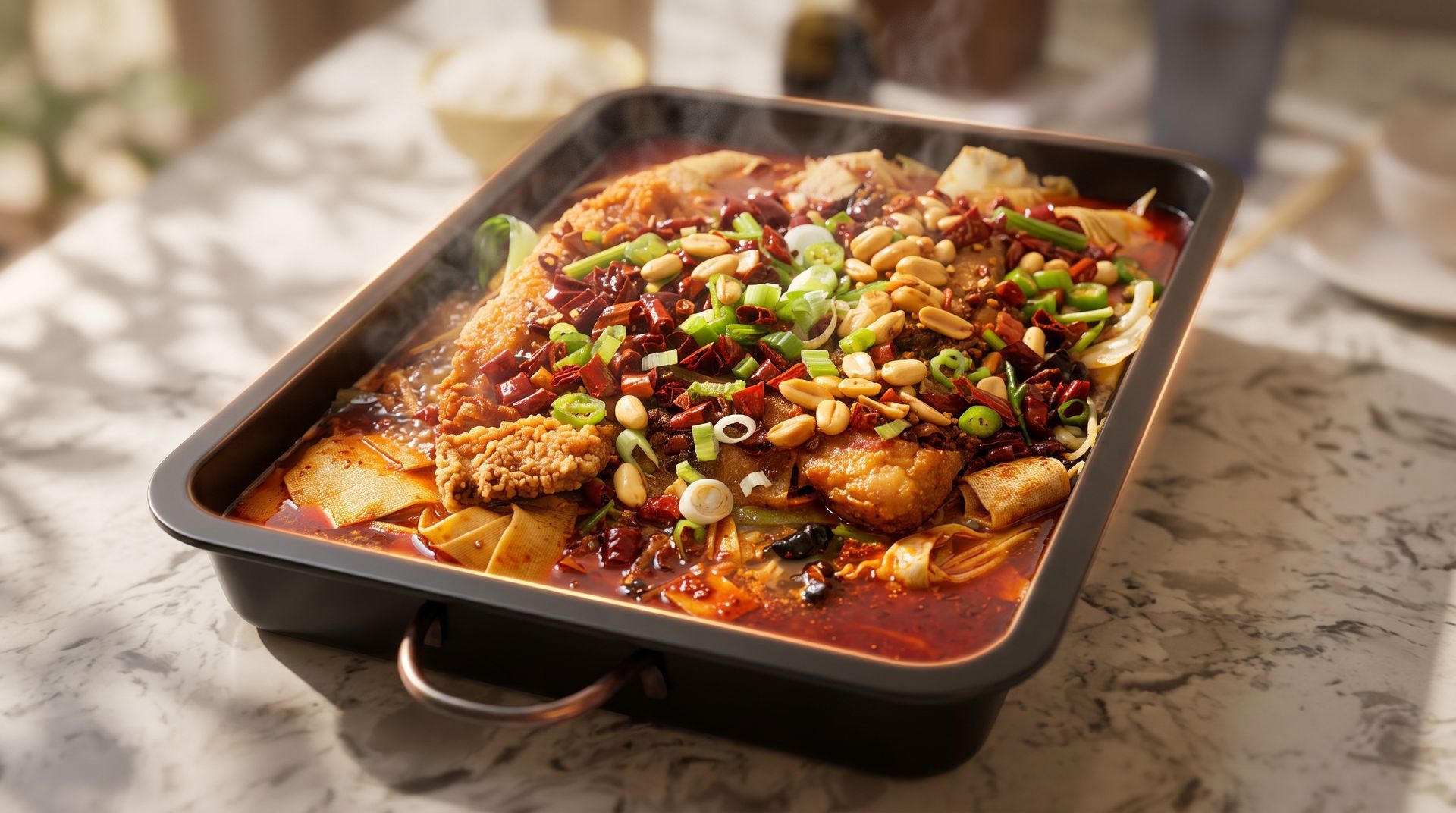 Baked casserole in a black dish, topped with chopped green onions and sesame seeds on a marble table