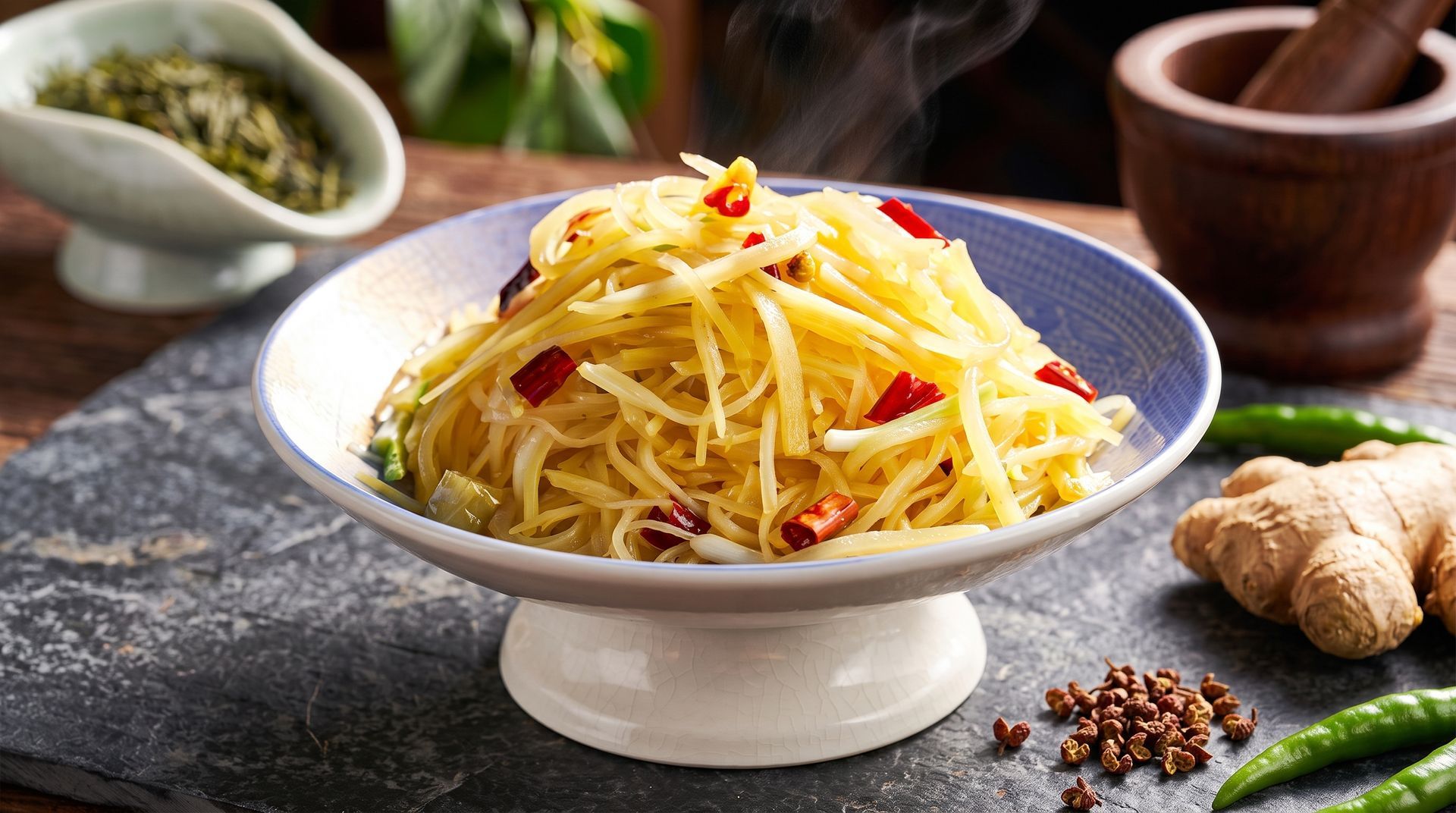 Bowl of shredded salad with red chilies on a stone table, surrounded by herbs and ginger
