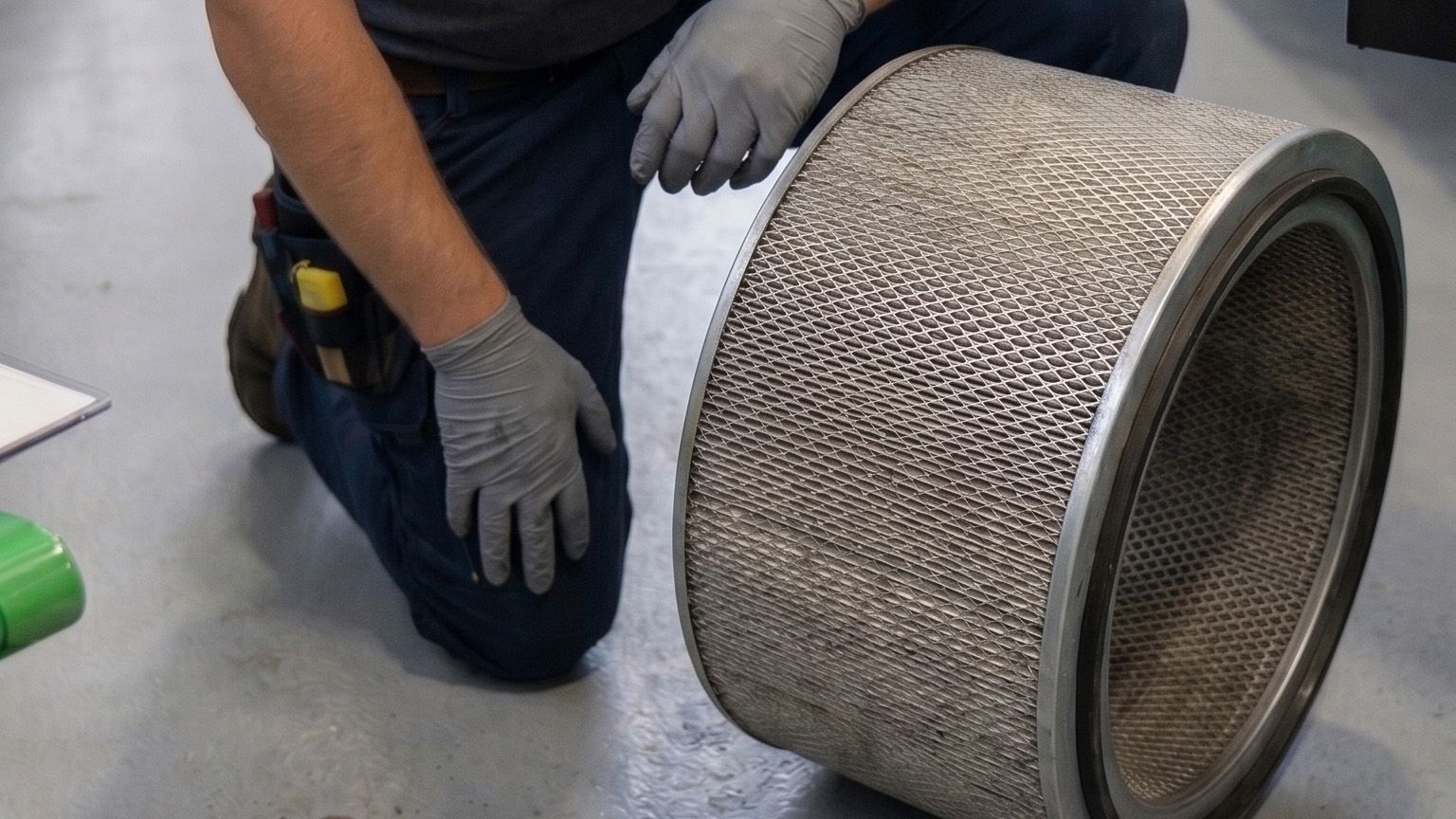 Une personne est agenouillée à côté d'un grand filtre à air cylindrique posé sur le sol d'un atelier.