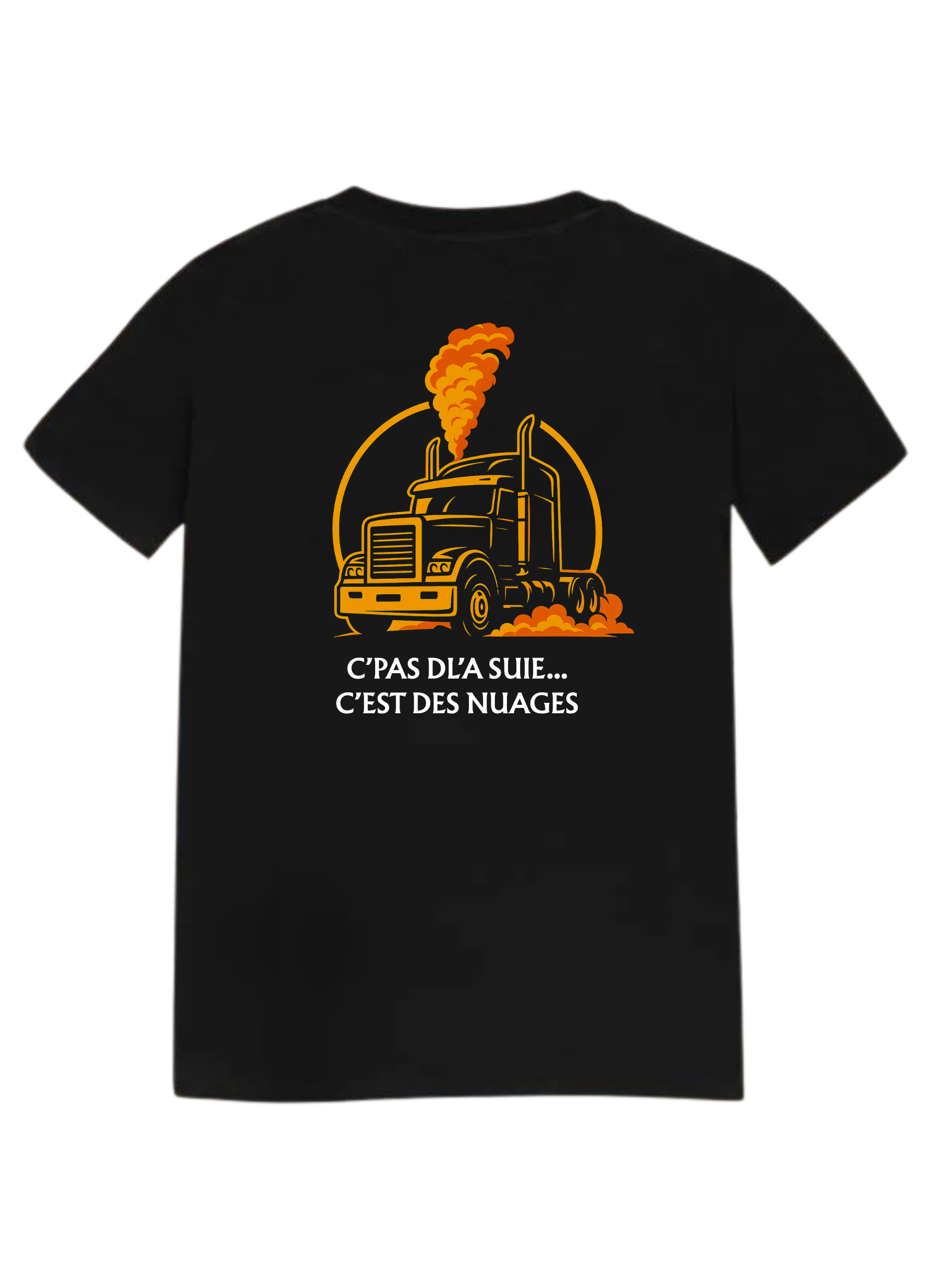 Black t-shirt with a cartoon of a truck emitting orange smoke, with text