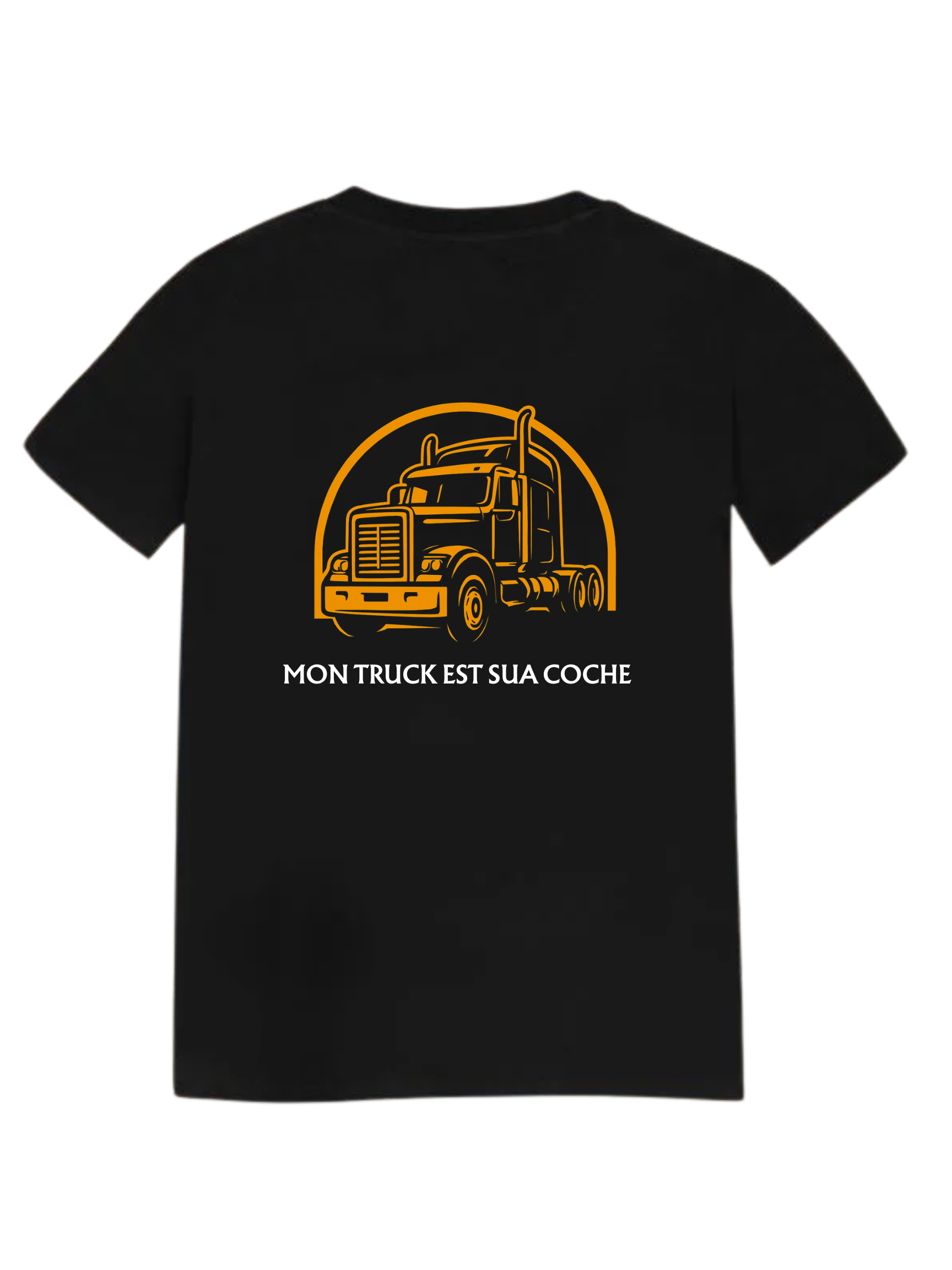 Black t-shirt with a yellow semi-truck illustration inside a circle.