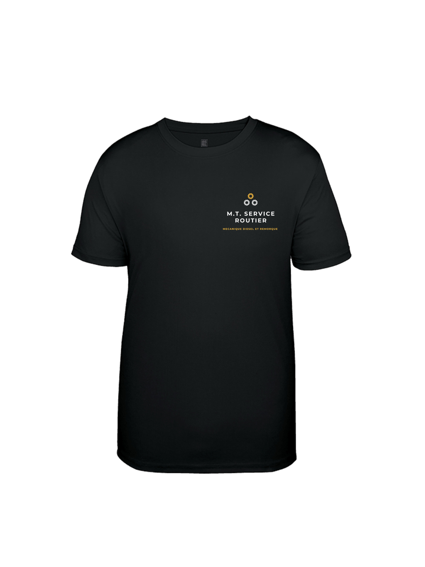 Black t-shirt with small logo of a yellow triangle and text on the upper left chest.