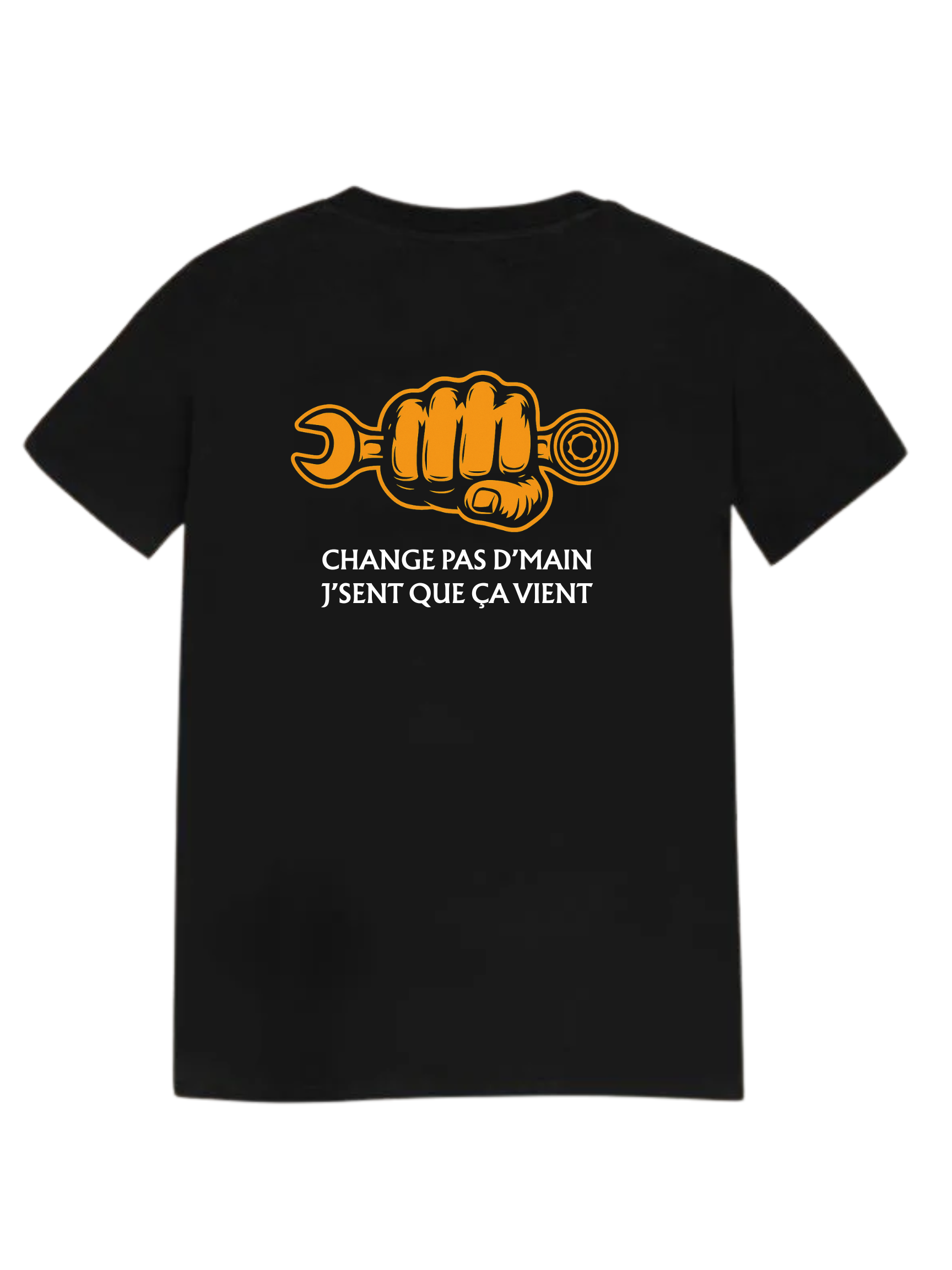 Black t-shirt with an orange fist holding tools; text reads
