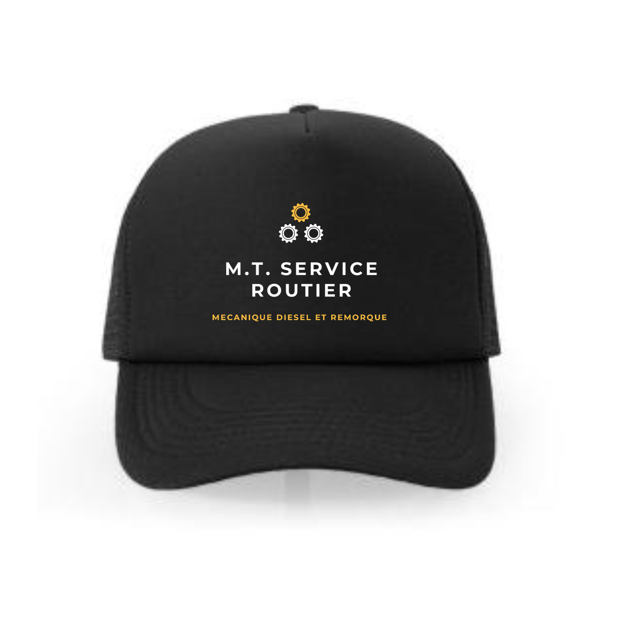 Black trucker hat with white text and two gear icons; reads