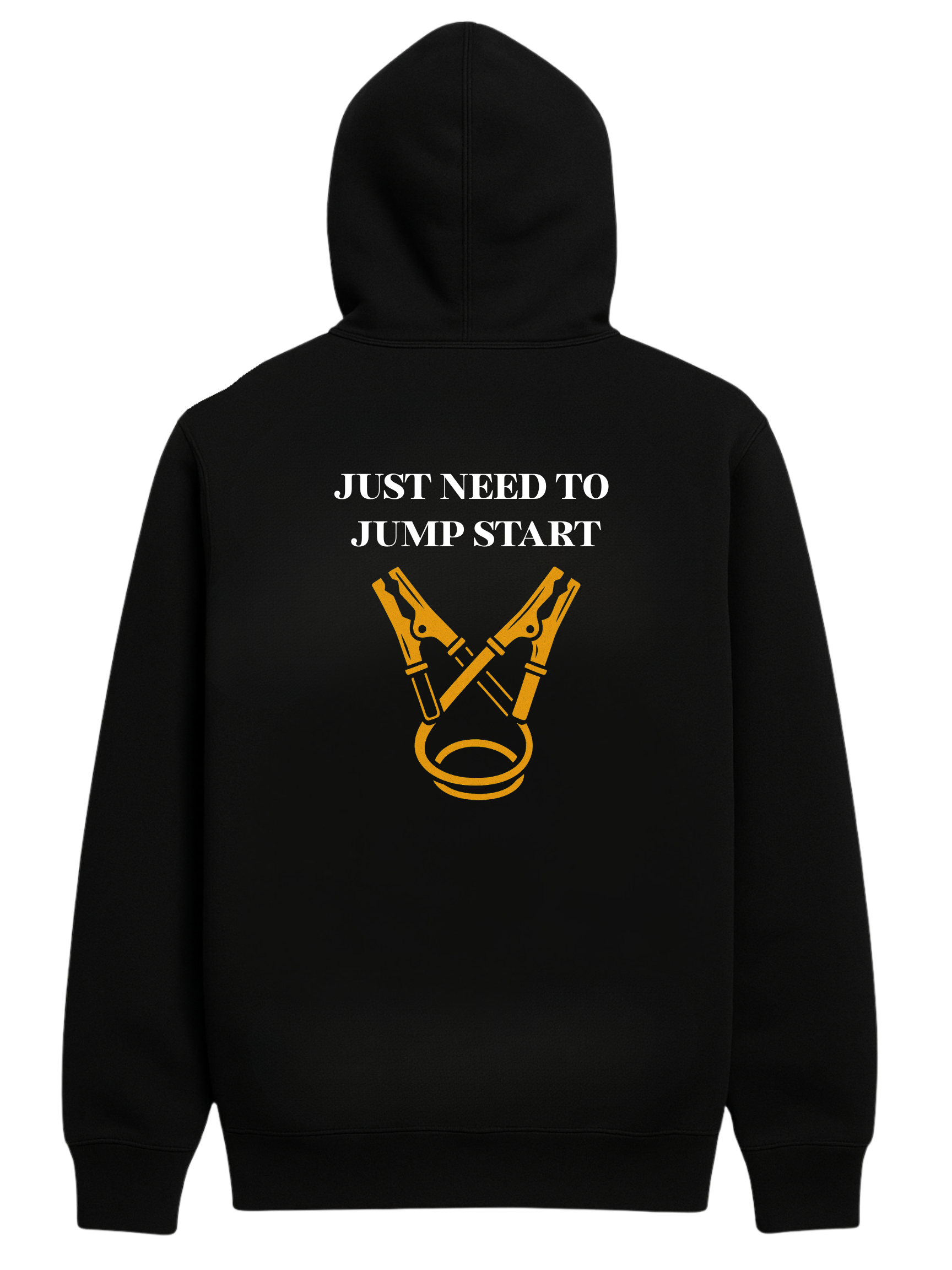 Black hoodie with text and graphic.