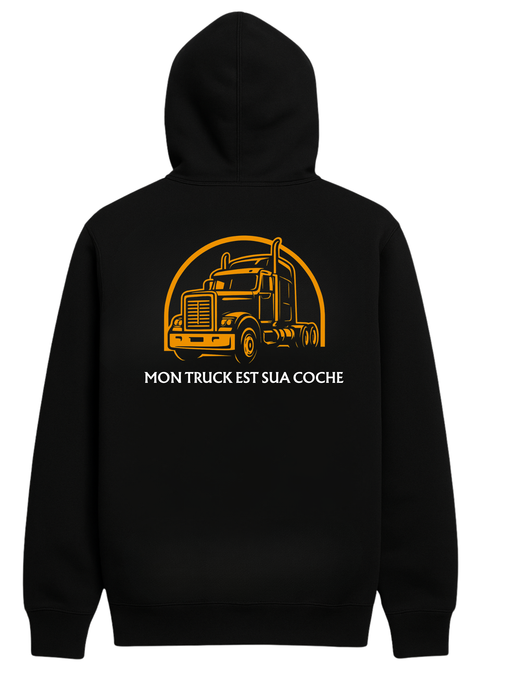 Black hoodie with a yellow truck graphic and French text,