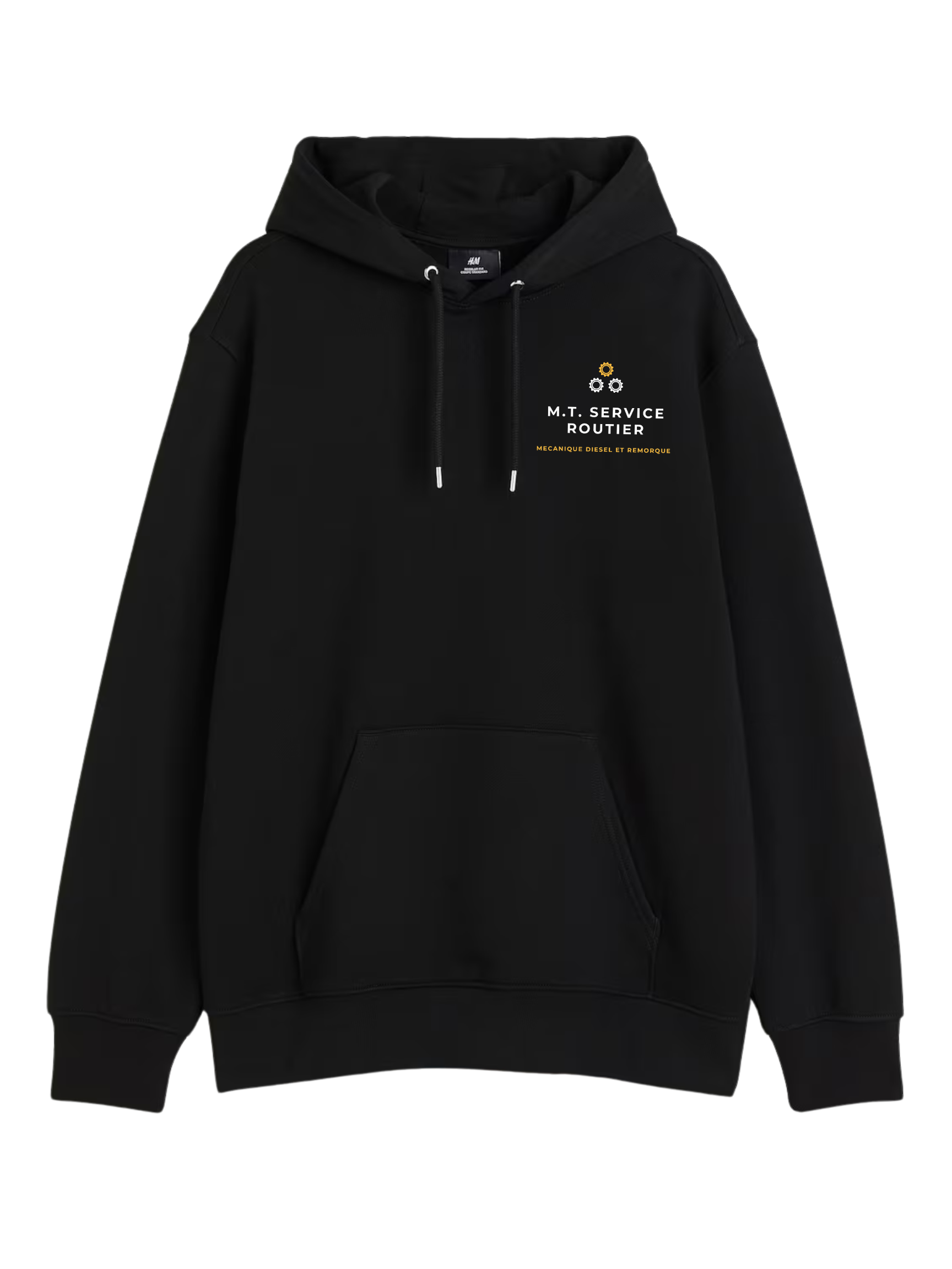 Black hoodie with a small logo on the chest, a kangaroo pocket, and a drawstring hood.
