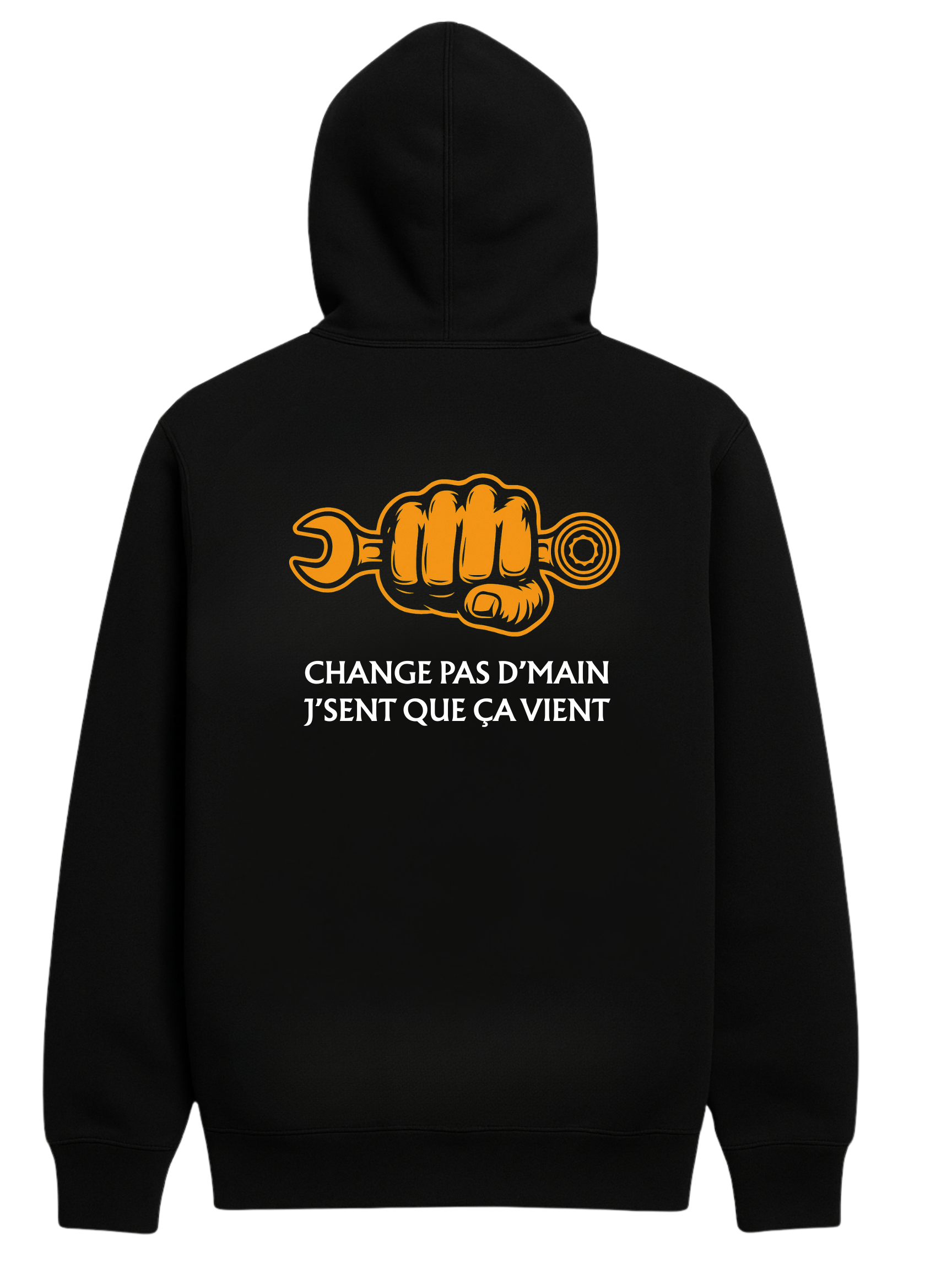 Black hoodie with orange fist graphic and French text,