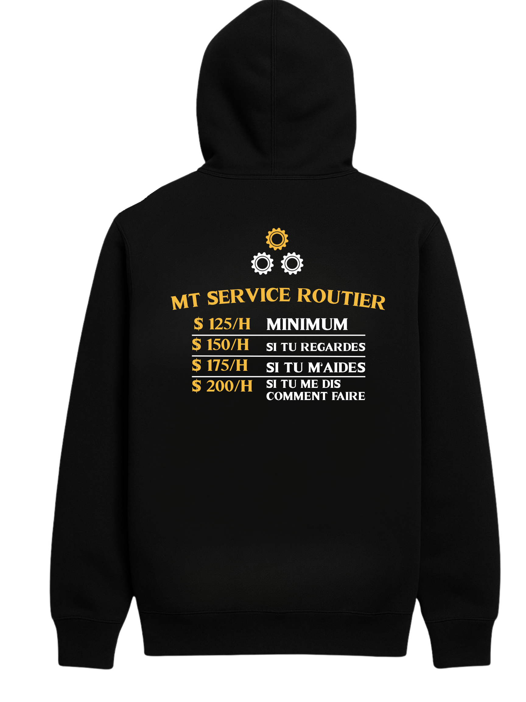 Black hoodie with white text: