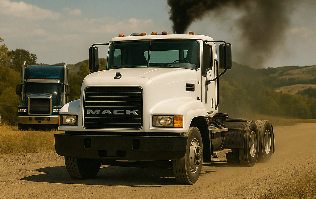 Un semi-remorque White Mack circule sur un chemin de terre, dégageant de la fumée noire. Un autre camion est visible en arrière-plan.