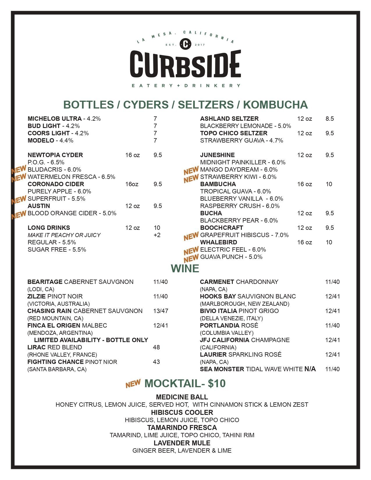 A menu for Curbside, listing bottles, ciders, seltzers, kombucha, wine, and mocktails.