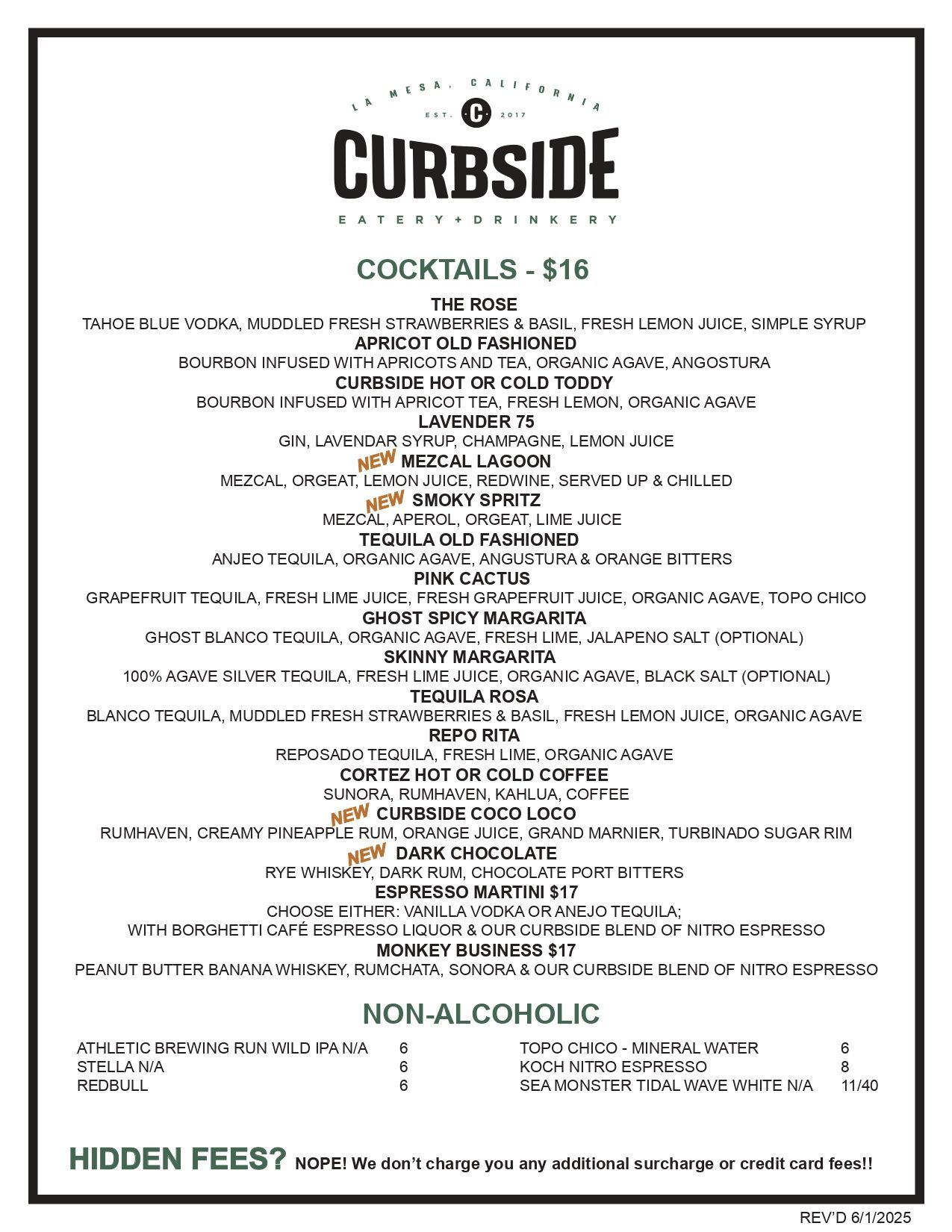 Menu for Curbside, listing various cocktails and non-alcoholic drinks with prices, set against a white background.
