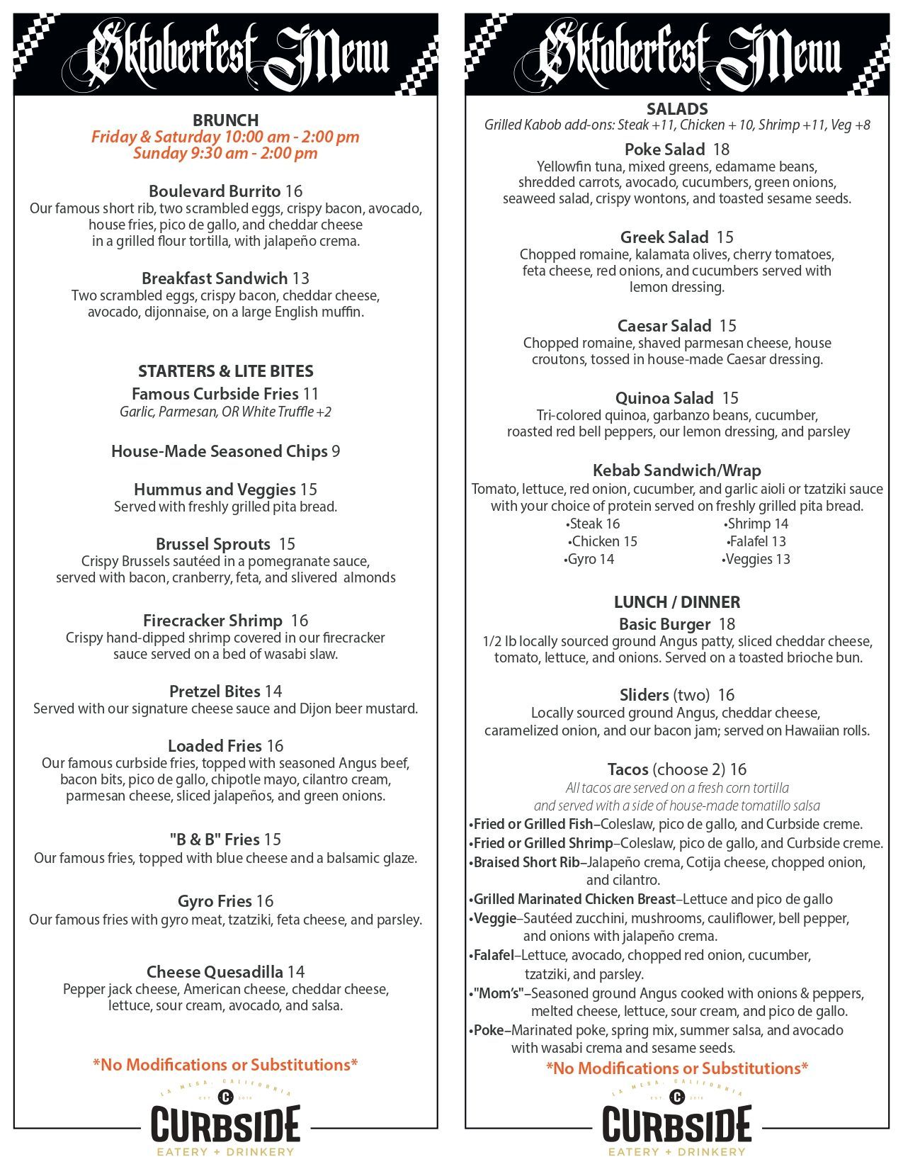 Two-column Oktoberfest menu from Curbside, listing brunch, starters, salads, and lunch items with prices.