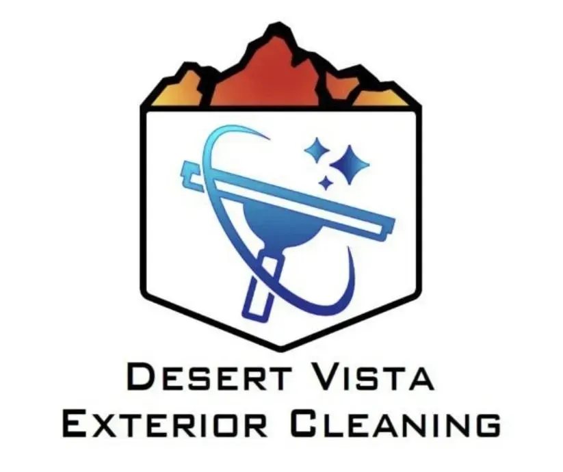 Desert Vista Exterior Cleaning Logo: Window squeegee over a desert mountain with