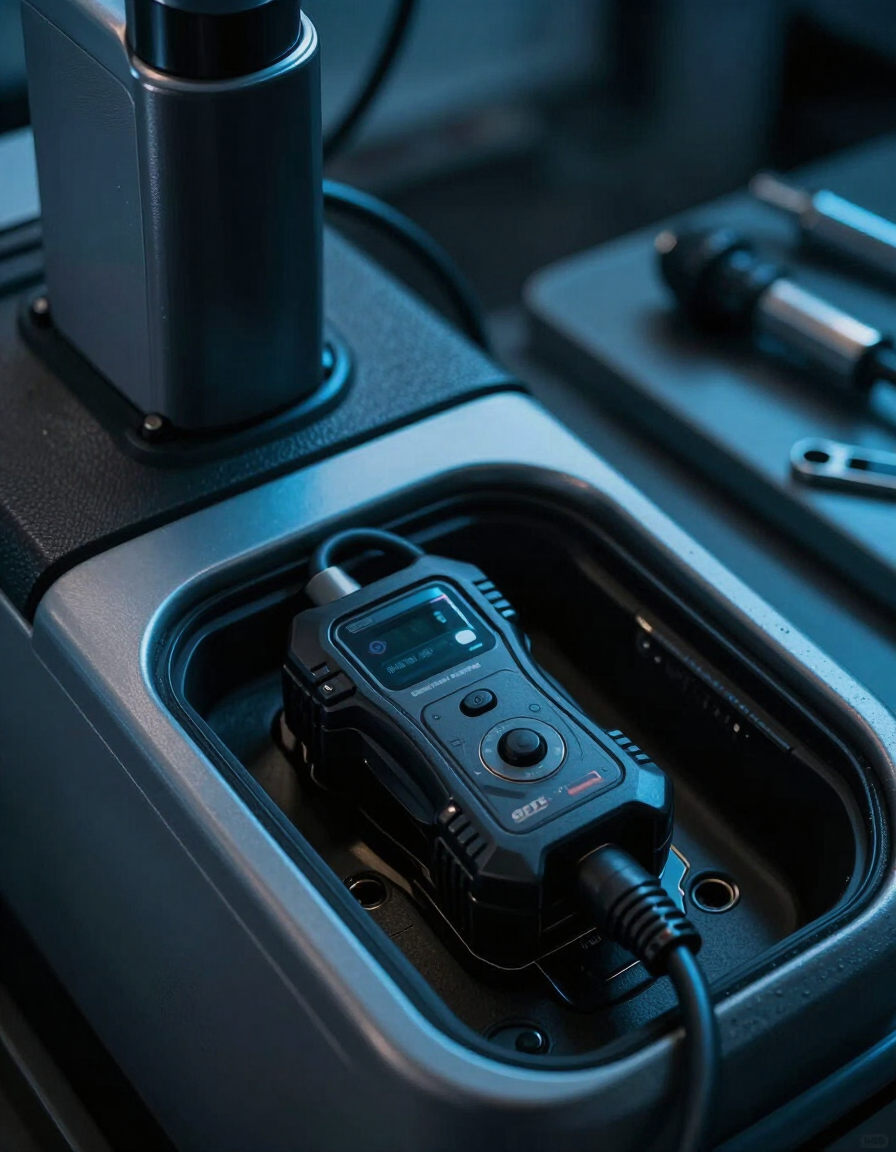 Dispositivo de radio/control portátil negro con pantalla y cable en un compartimento de la consola central del automóvil