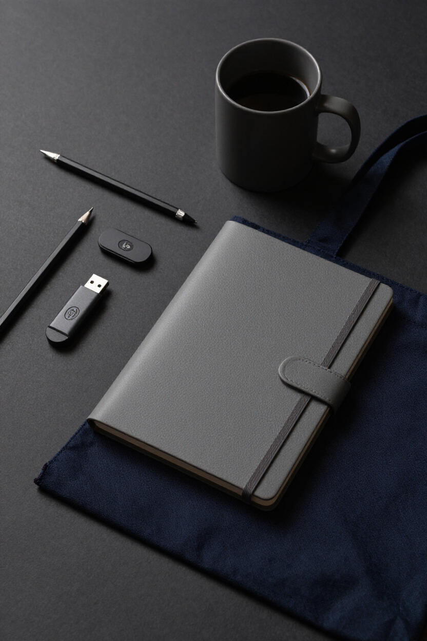 Gadget aziendali personalizzati: penne, tazza, USB, agenda e shopper su superficie scura