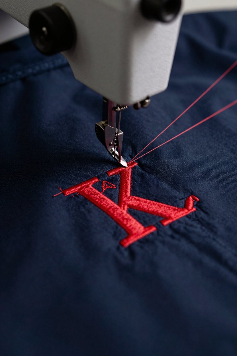 Macchina da ricamo industriale che personalizza una giacca
