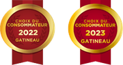Two badges that say choix du consommateur 2022 and 2023