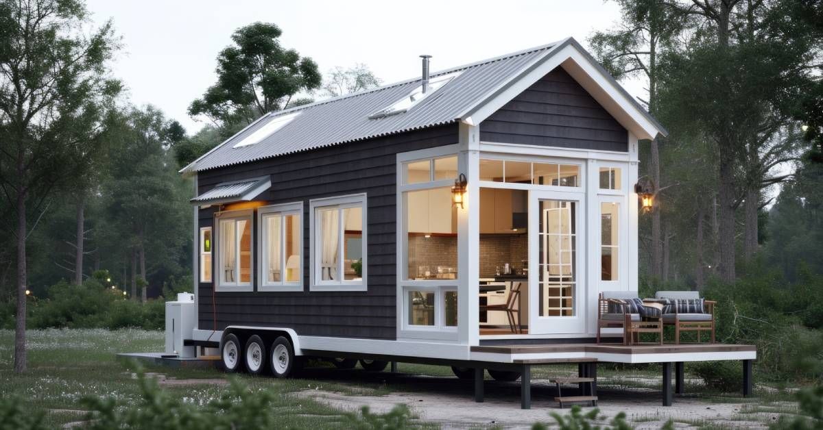 A dark gray tiny home with white trim on a wheeled trailer. The door to the home is open and the lights are on.