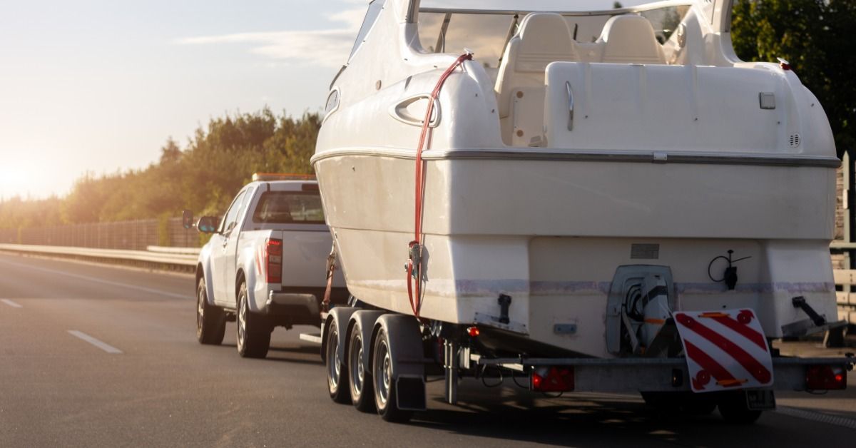 A large white boat is secured to the back of a trailer. A truck drives down the road with the boat.