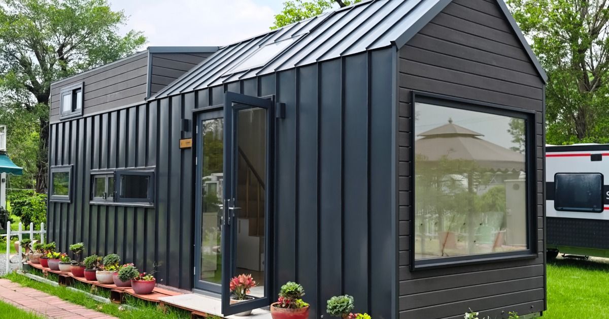 A tiny home with black siding and a large side window. Plants in pots line a small porch in front of