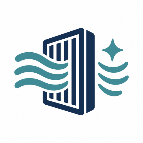Abstract teal and navy logo of a stylized open door with flowing waves and a sparkle icon