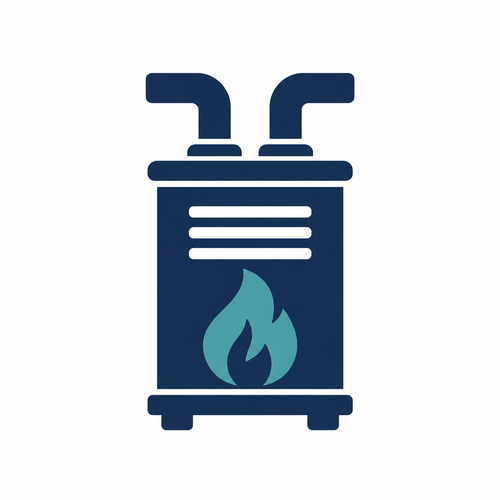 Blue gas furnace icon with a flame and two vents on top